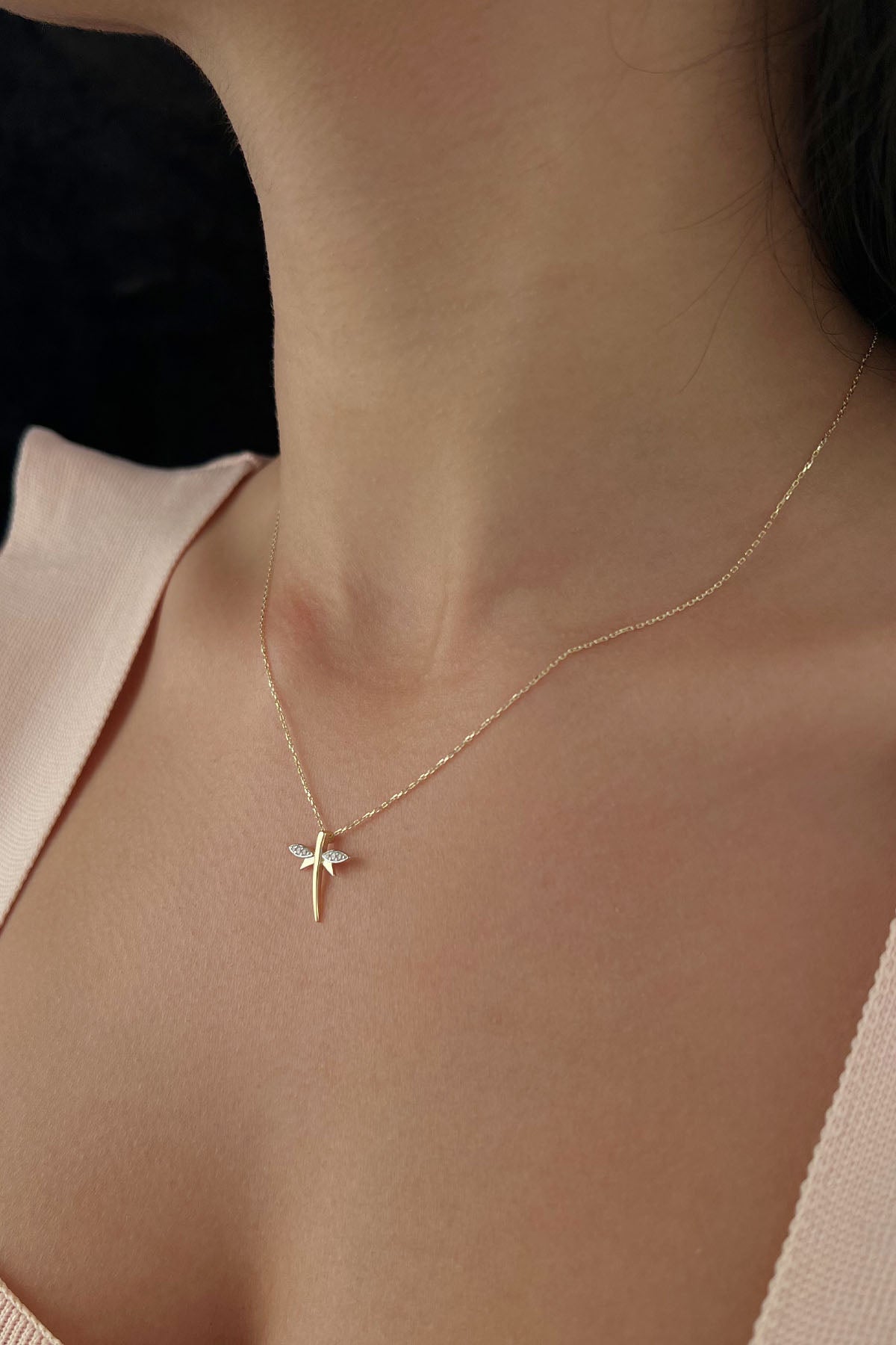 14K Gold Stone Wings Dragonfly  Necklace