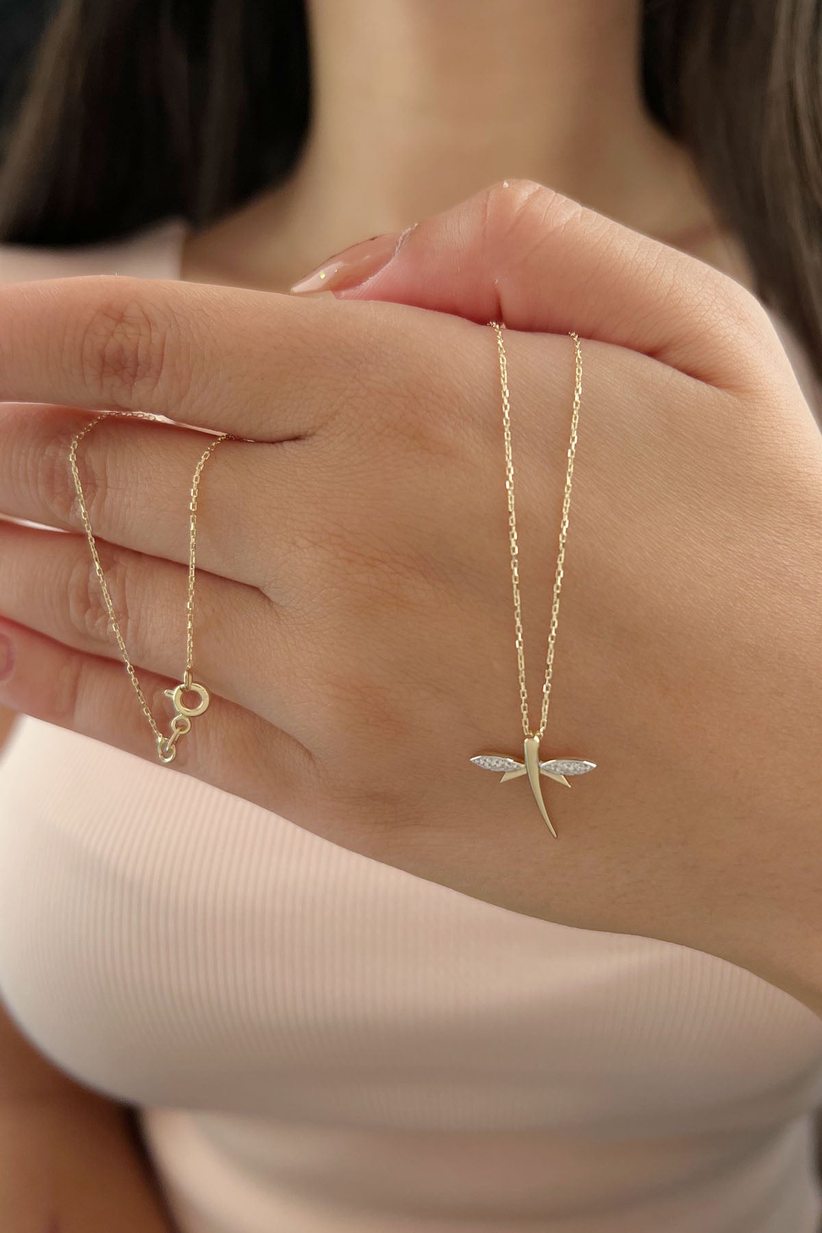 14ct Gold Stone Wings Dragonfly  Necklace