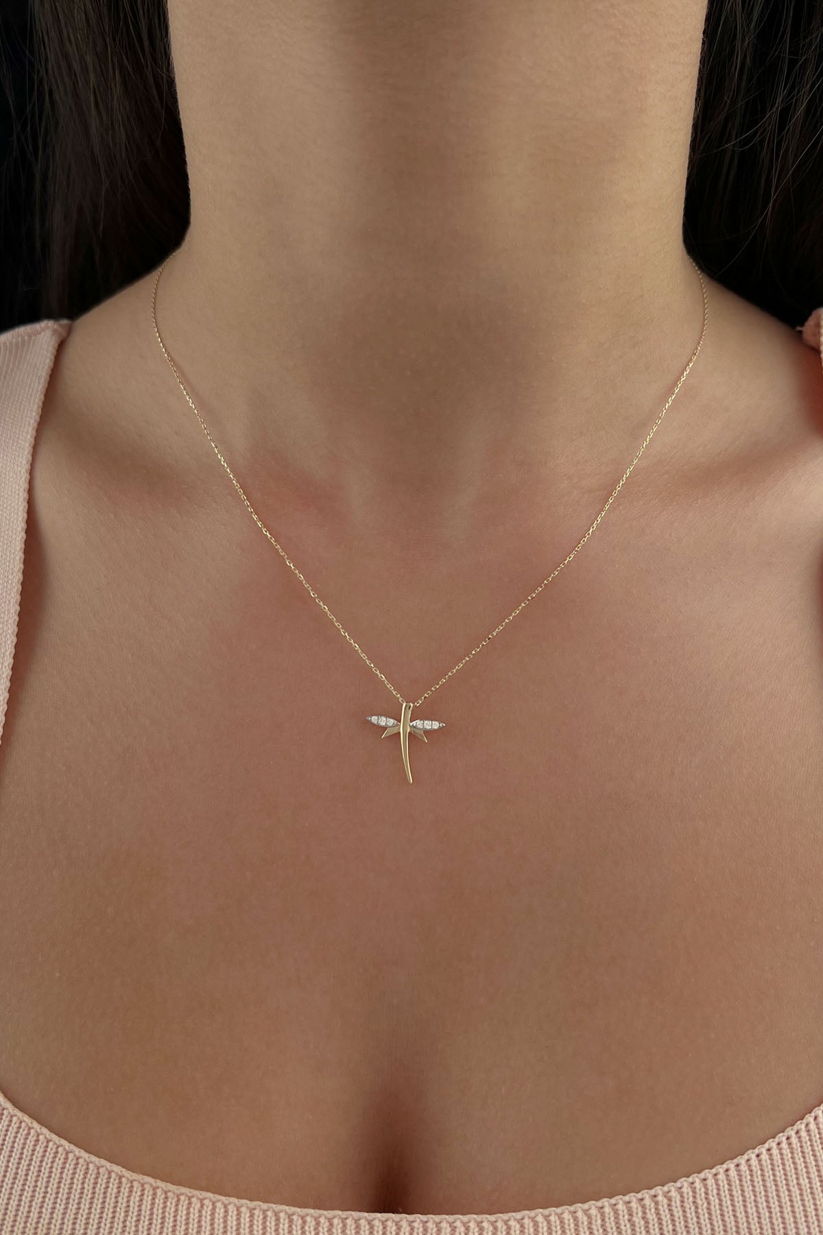 14K Gold Stone Wings Dragonfly  Necklace