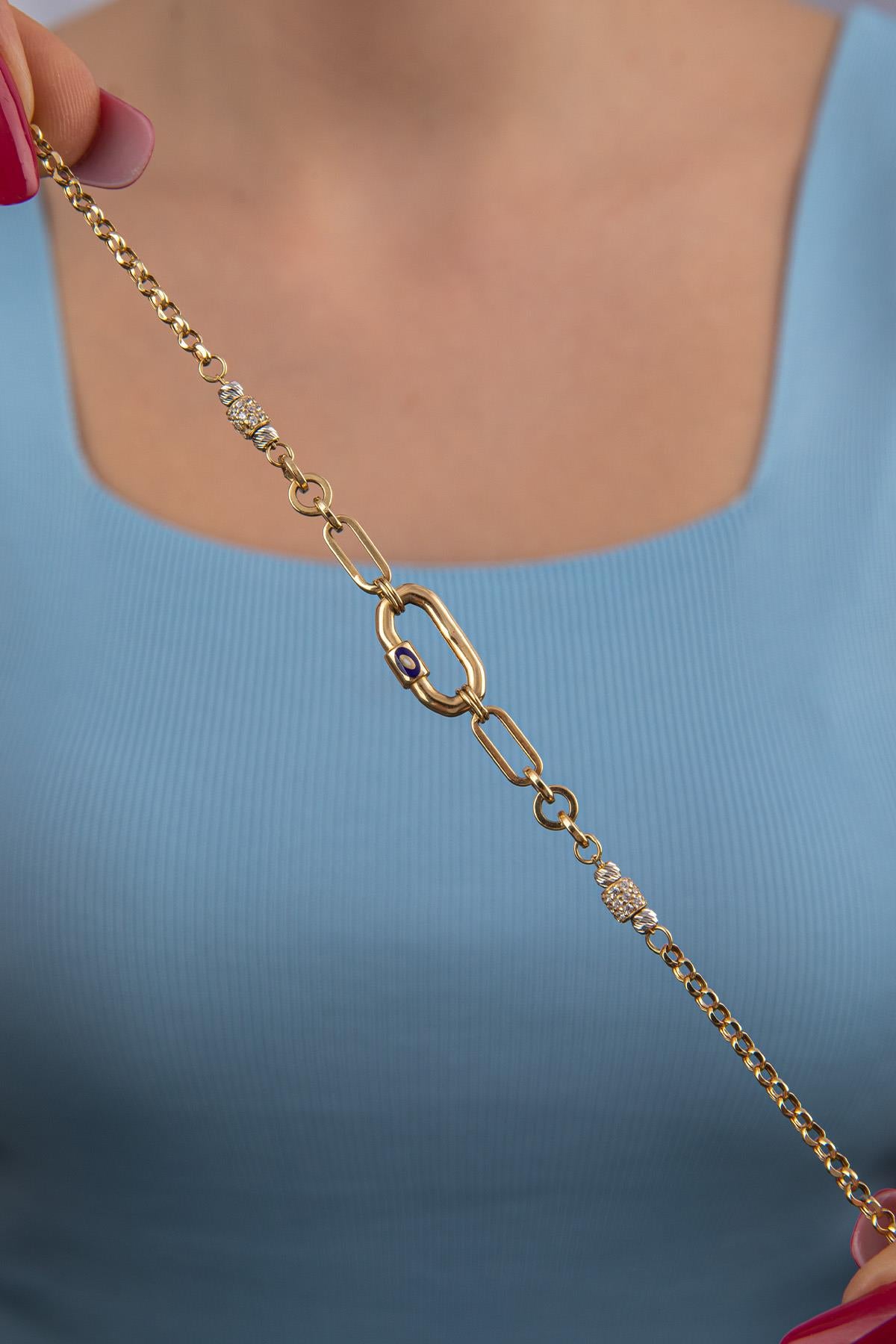 14K Gold Stoned Bugle Paperclip Bracelet