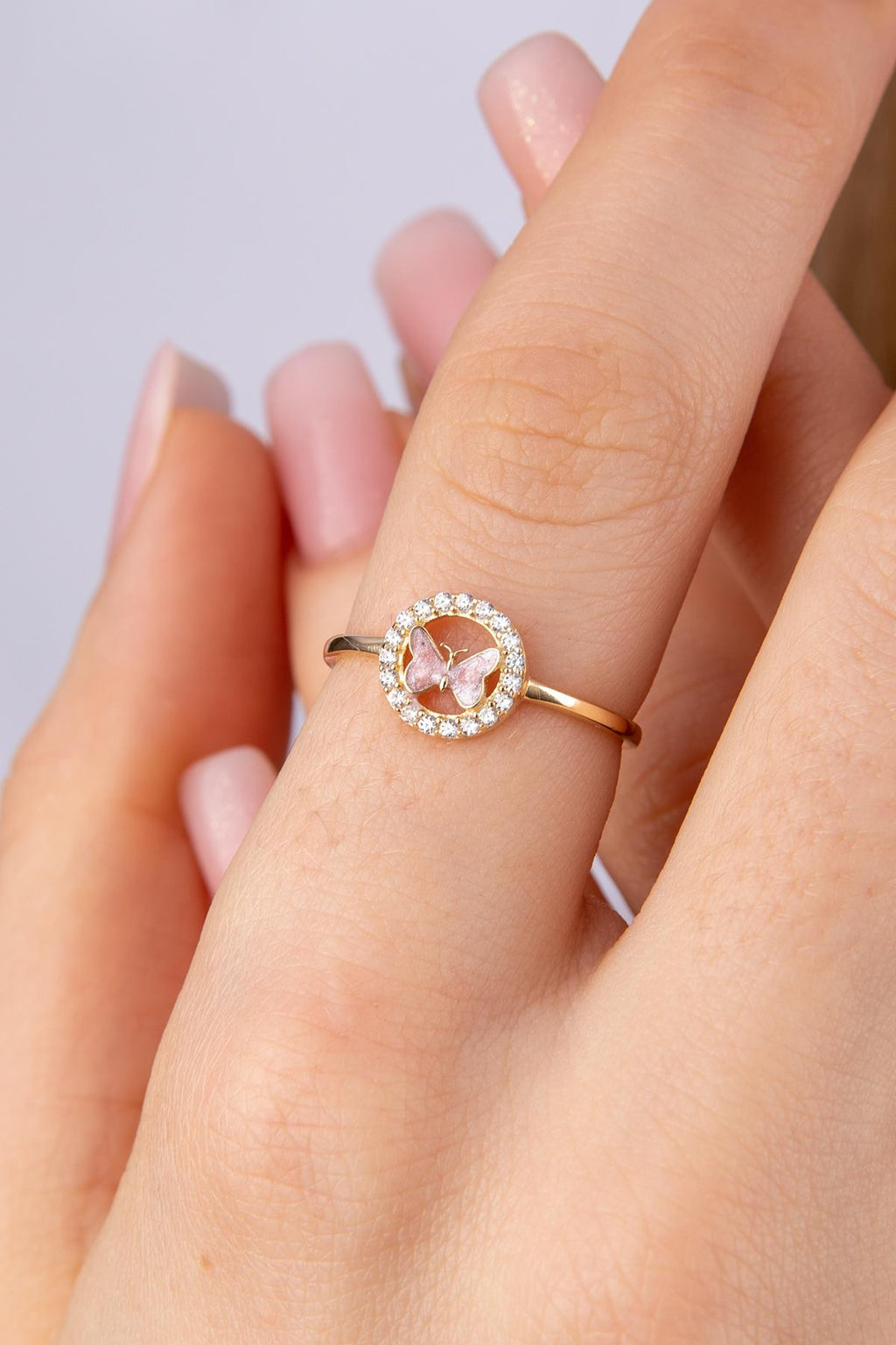 14ct Gold Stoned Pink Enamel Butterfly Ring With Stone