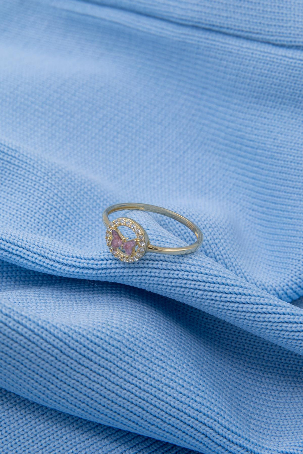 14ct Gold Stoned Pink Enamel Butterfly Ring With Stone