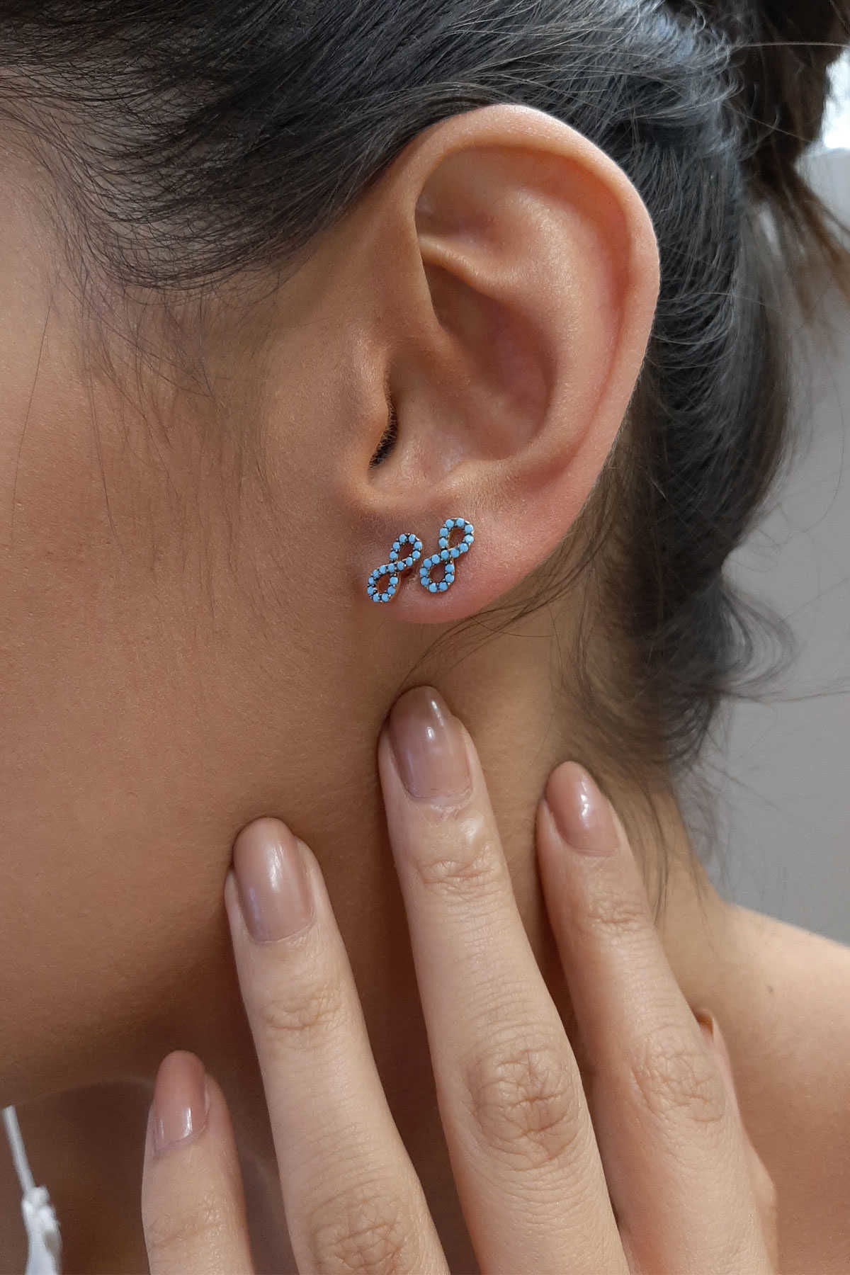 14K Gold Stud Turquoise Stone İnfinity Shape Earrings