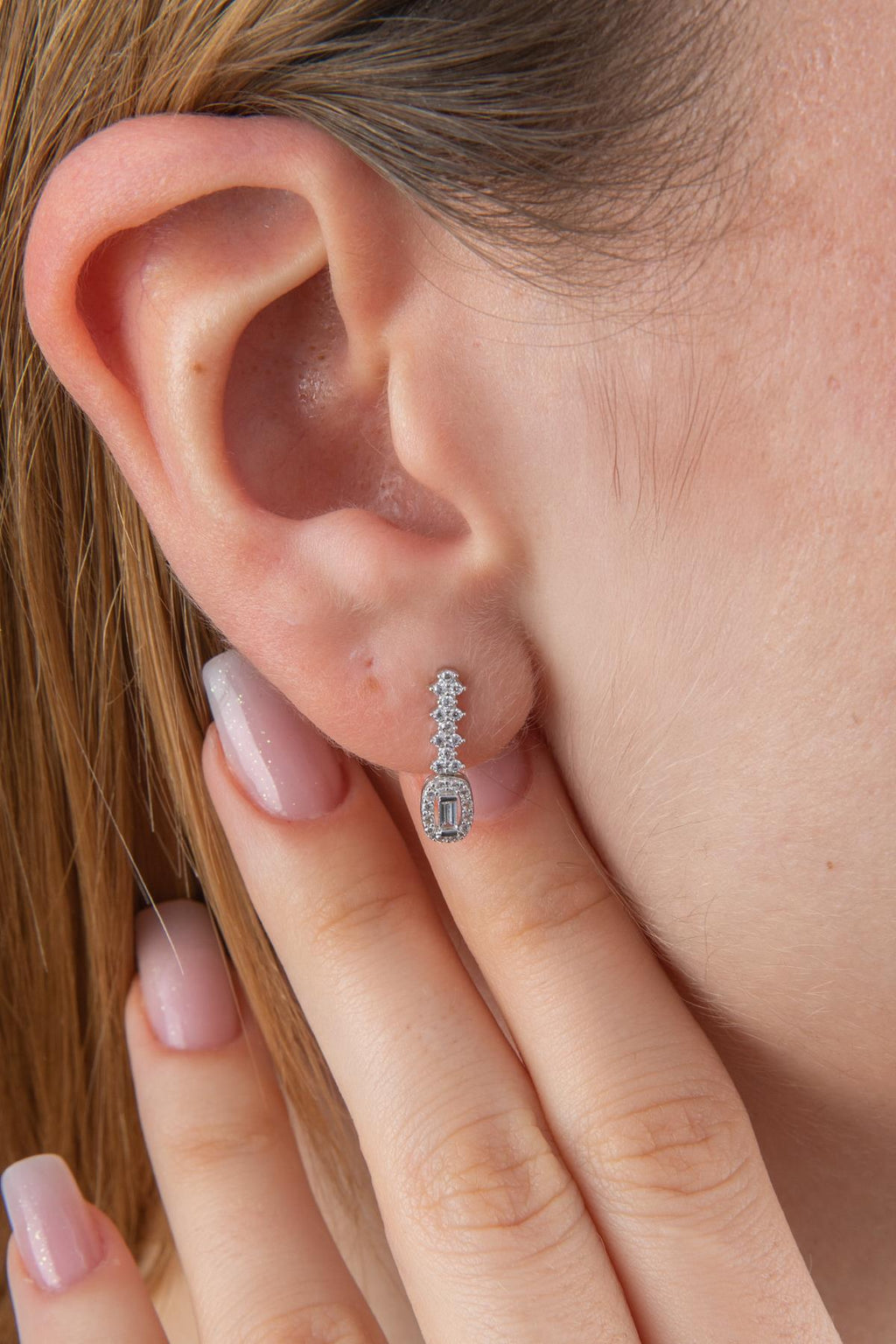 14ct Gold Stud White Baguette Stone Drop Earrings