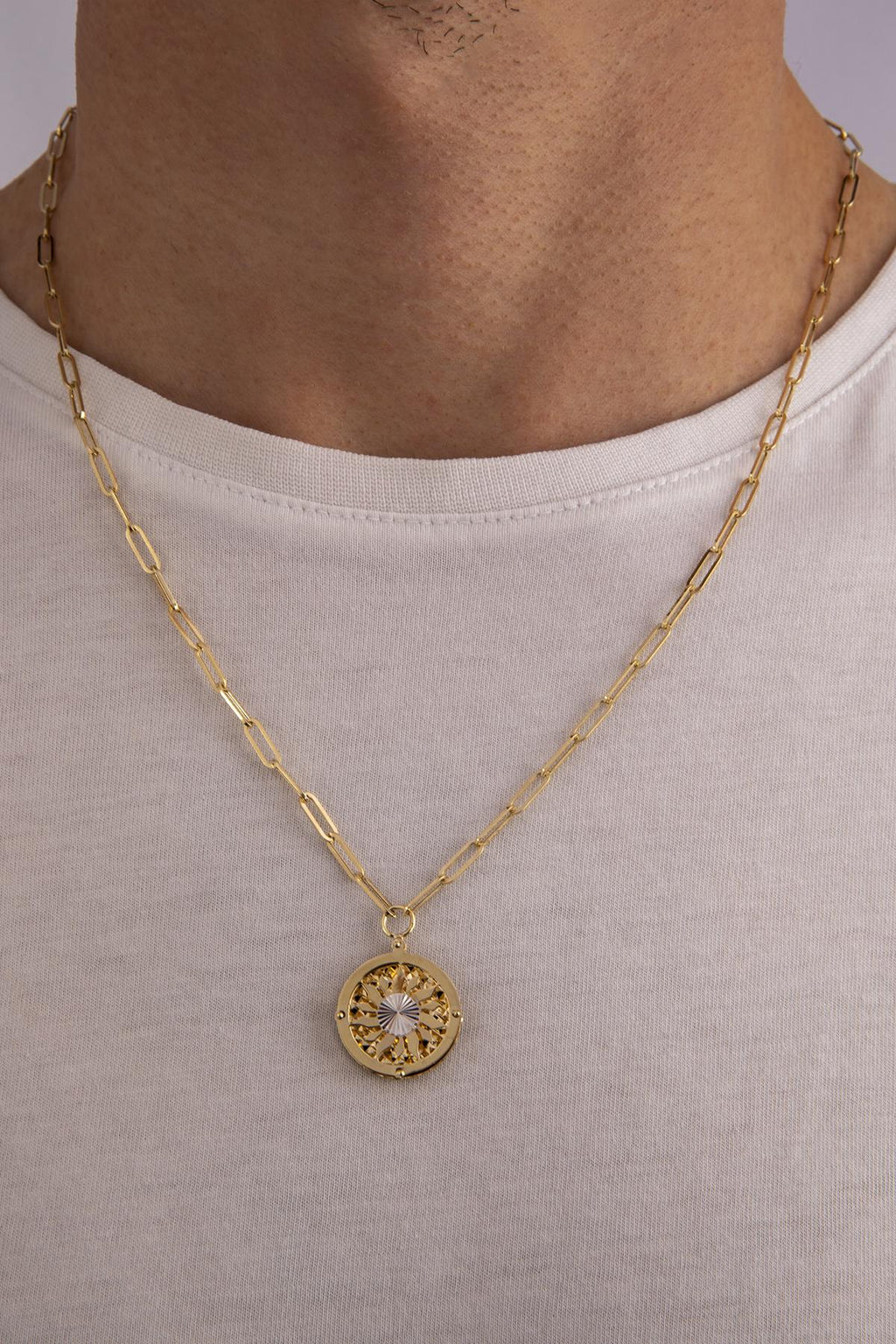 14ct Gold Sun Paperclip Chain Necklace For Men