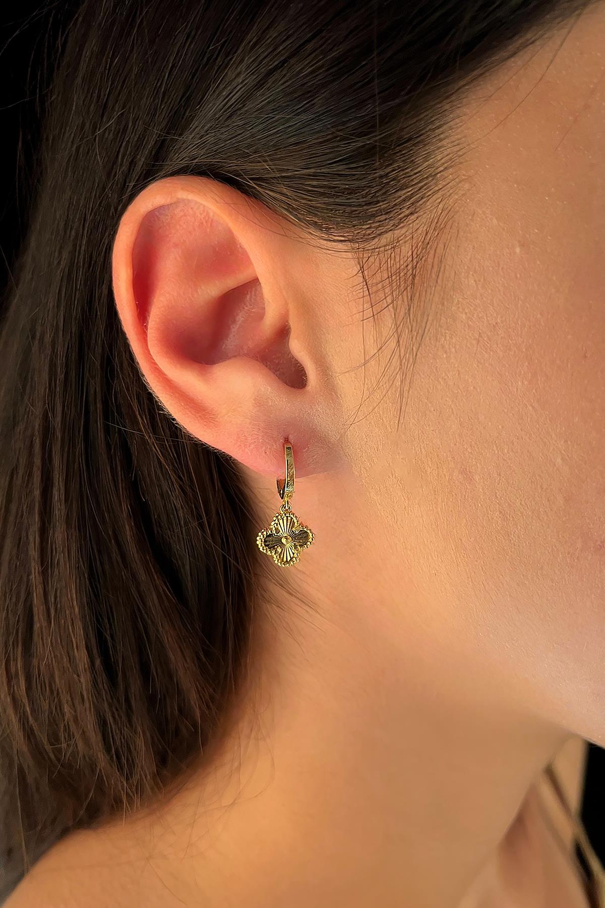 14K Gold Sunburst Clover Dangle Huggie Earrings