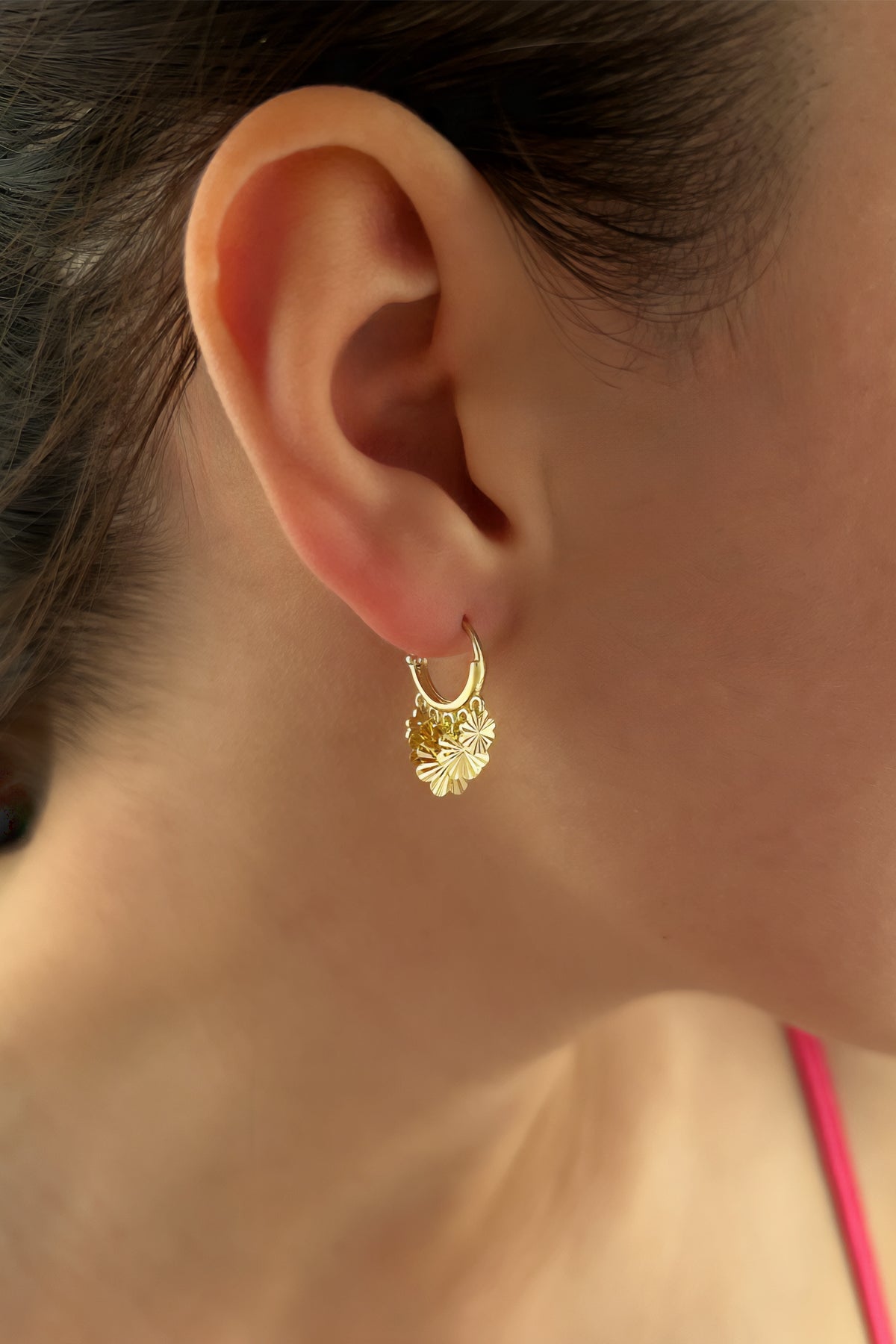 14ct Gold SunBurst Four Leaf Clover Dangle Huggie Earrings