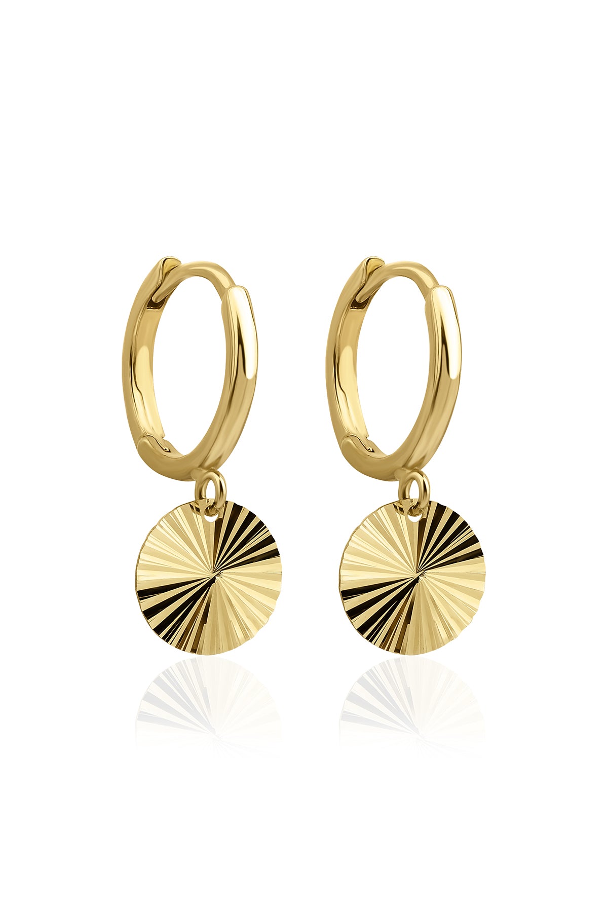 14K Gold Sunburst Single Round Sequin Dangle Huggie Earrings