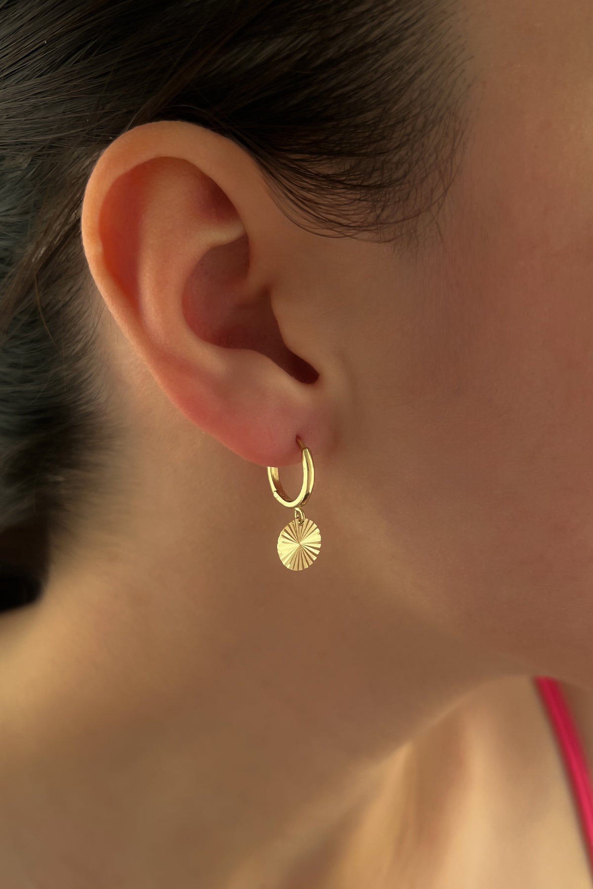 14K Gold Sunburst Single Round Sequin Dangle Huggie Earrings