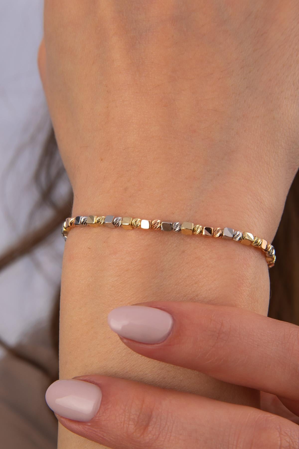 14ct Gold Tri Color Diamond Cut Ball & Cube Bracelet
