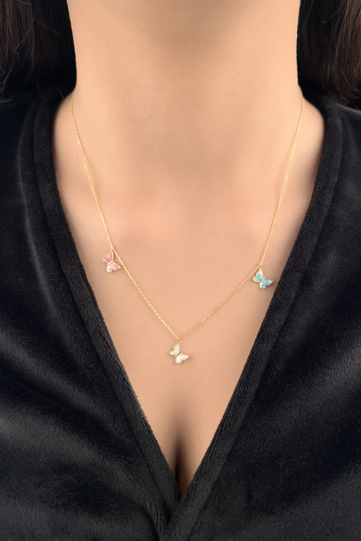 14K Gold Triple Enamel Butterflies Necklace