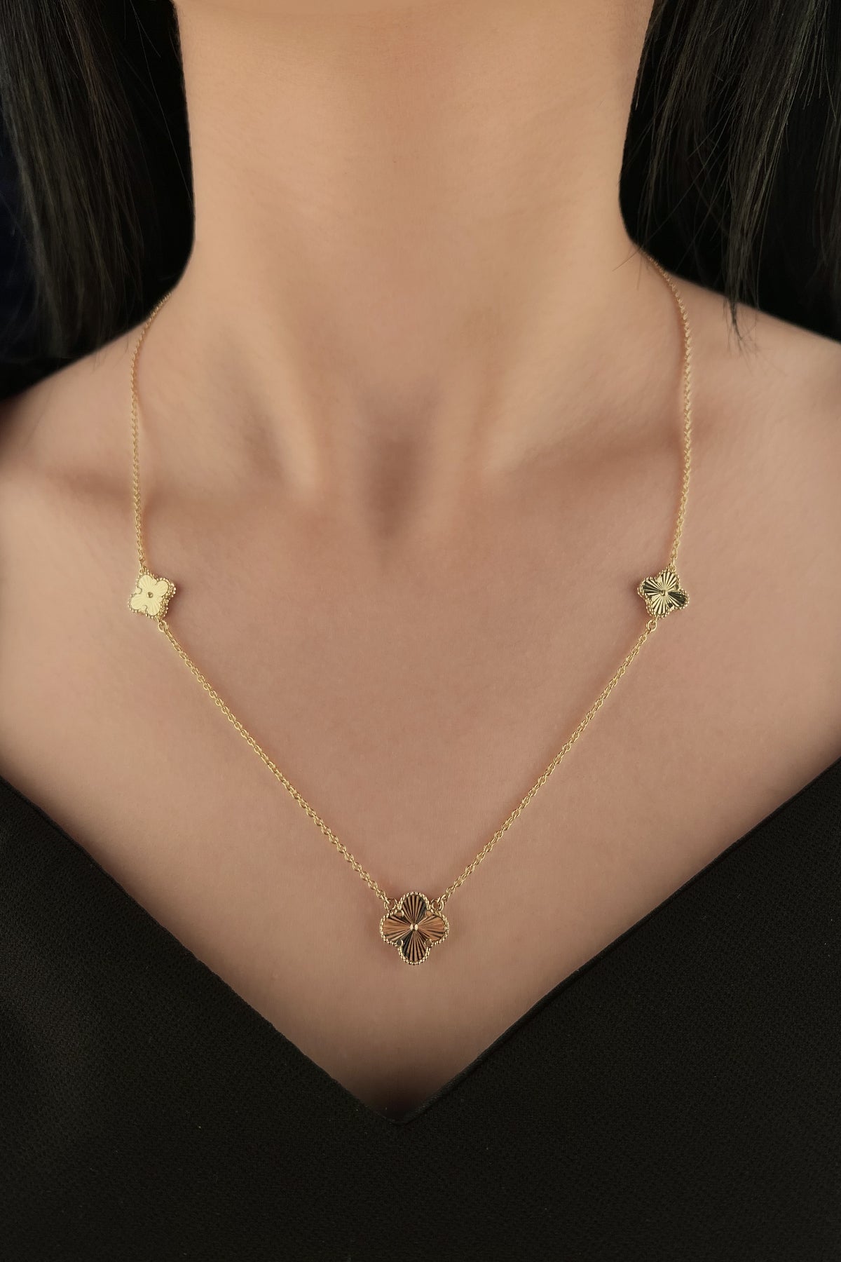 14K Gold Triple Sunburst Clover Necklace