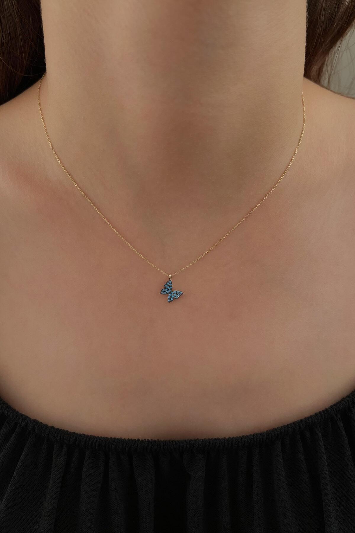 14K Gold Turquoise Stone Butterfly Necklace