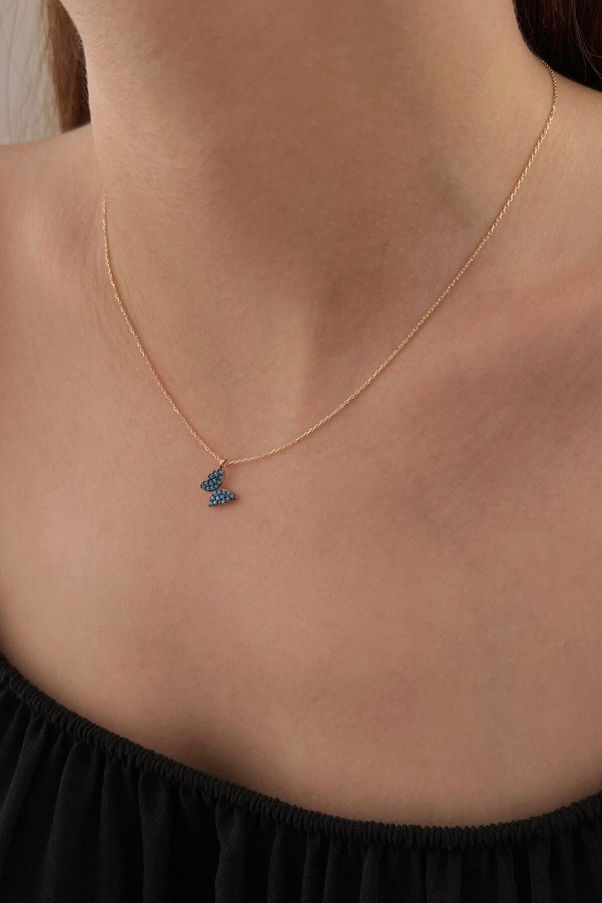 14K Gold Turquoise Stone Butterfly Necklace