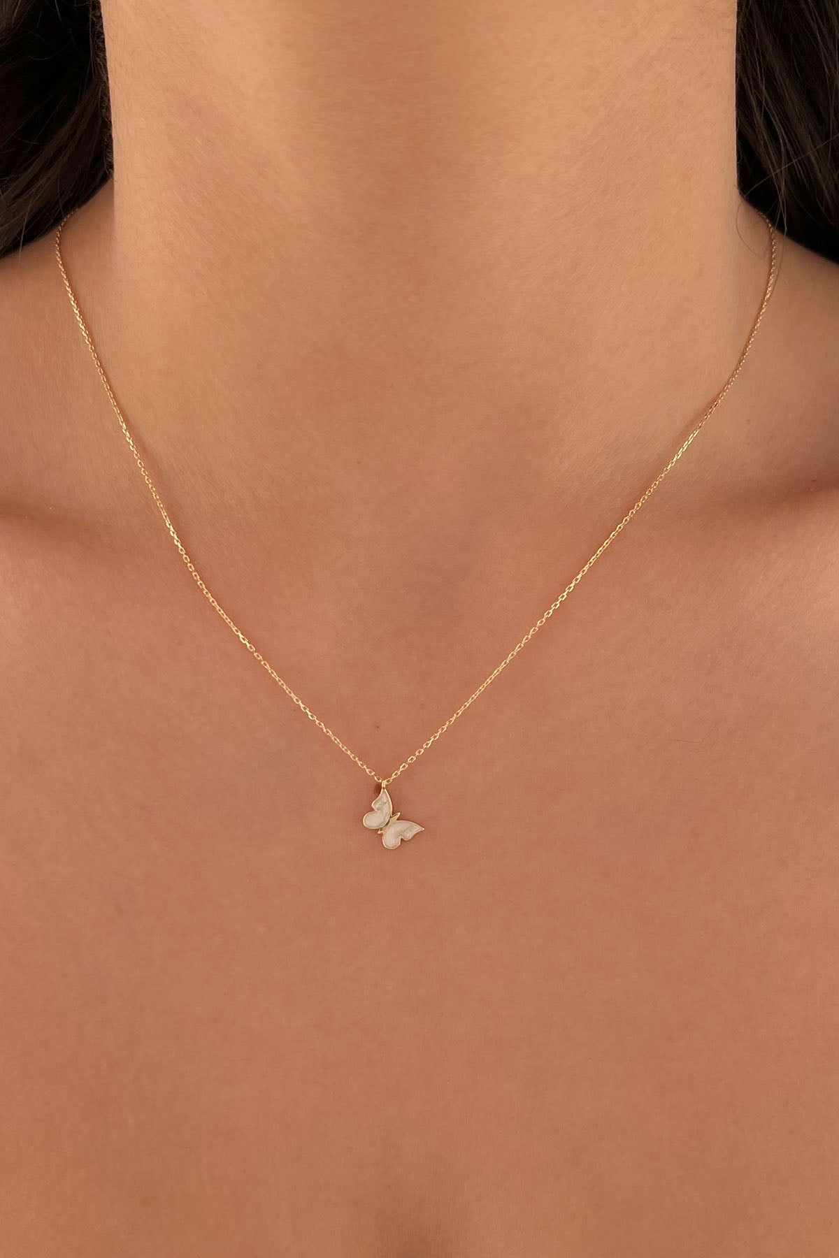 14ct Gold White Enamel Butterfly Necklace