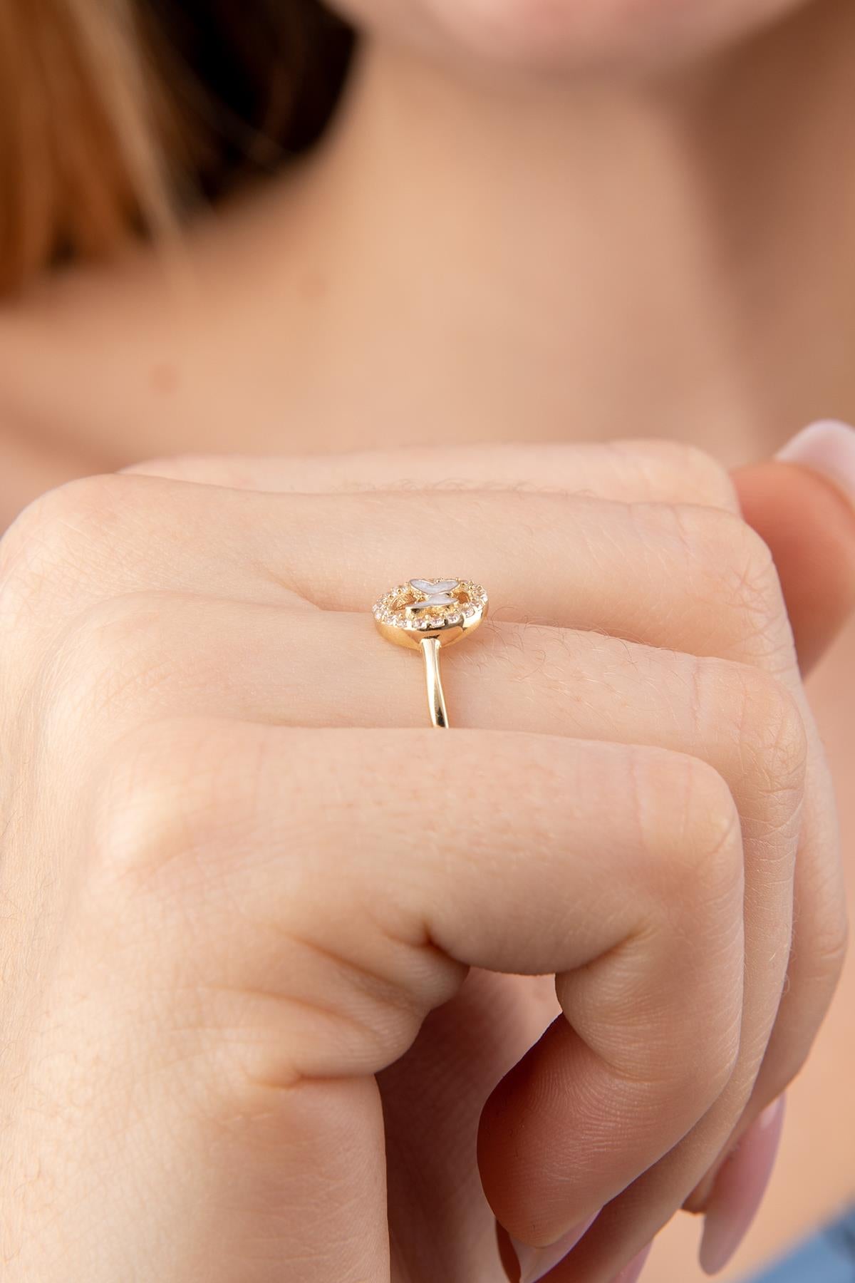 14K Gold White Enamel Butterfly Ring With Stone