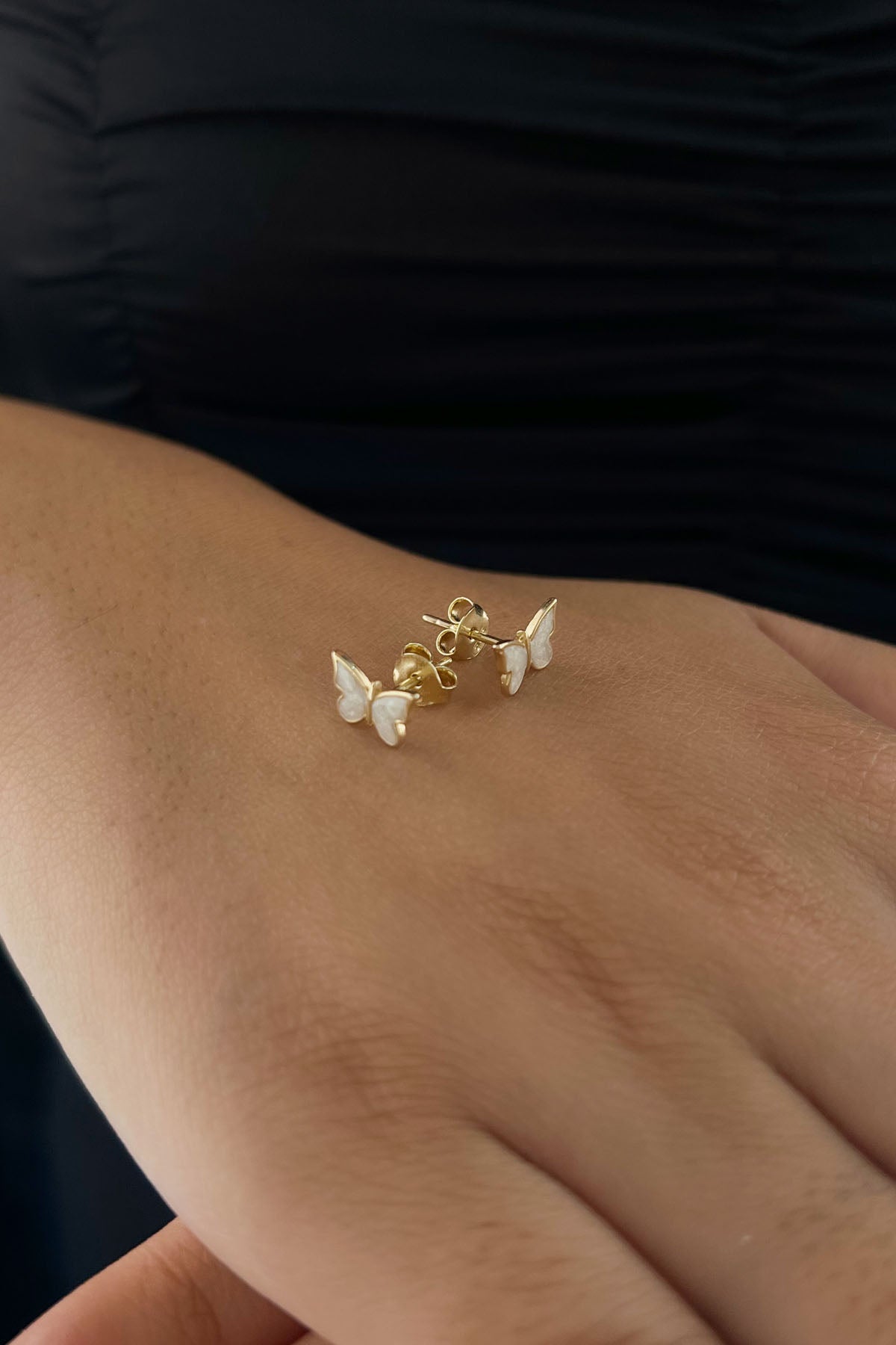 14ct Gold White Enamel Butterfly Shape Stud Earrings