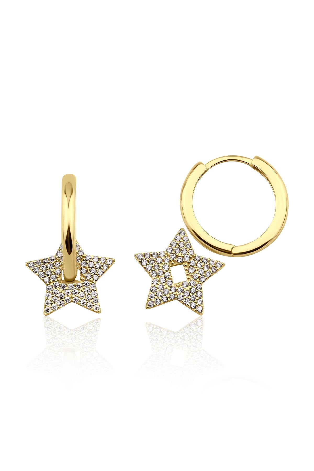 14ct Gold White Stone Star Huggie Earrings