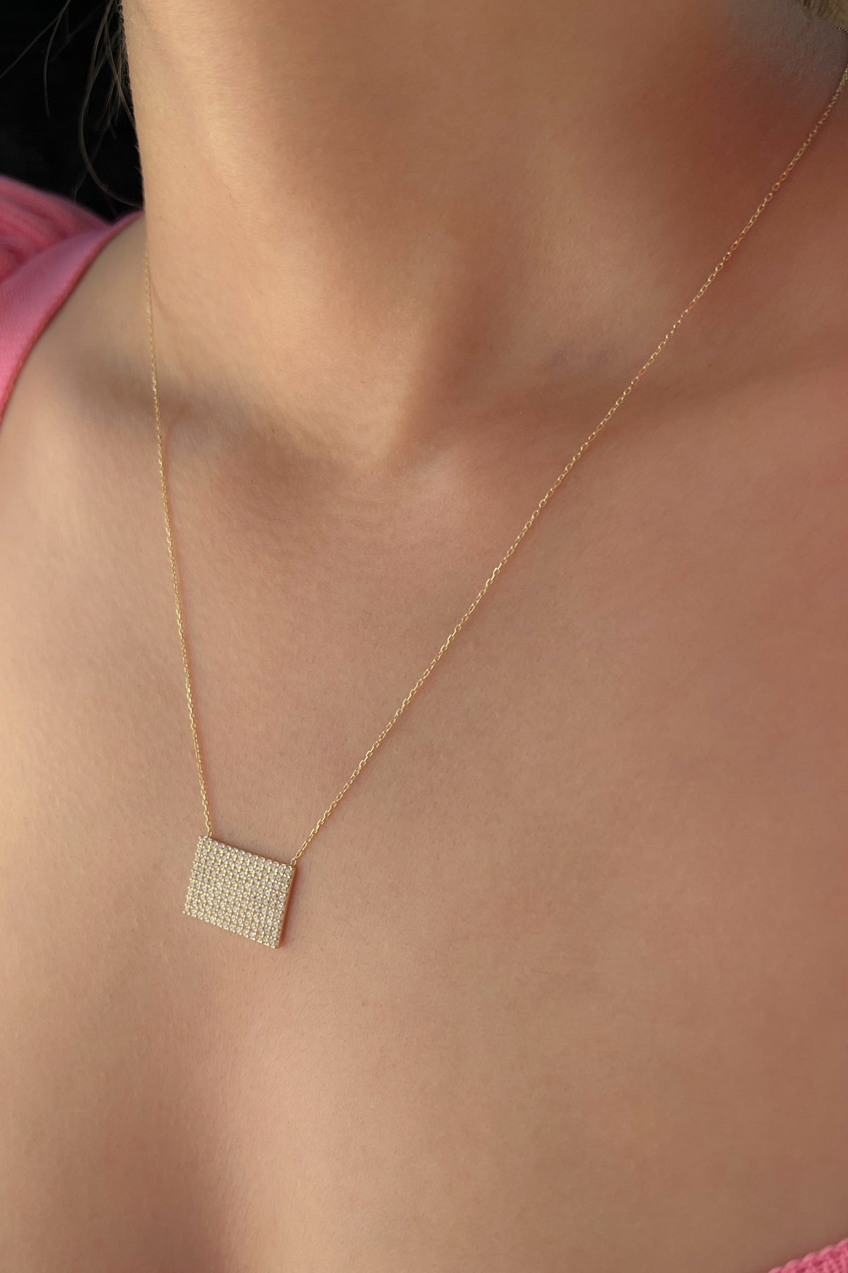 14ct Gold White Stones Designed Rectangle Necklace