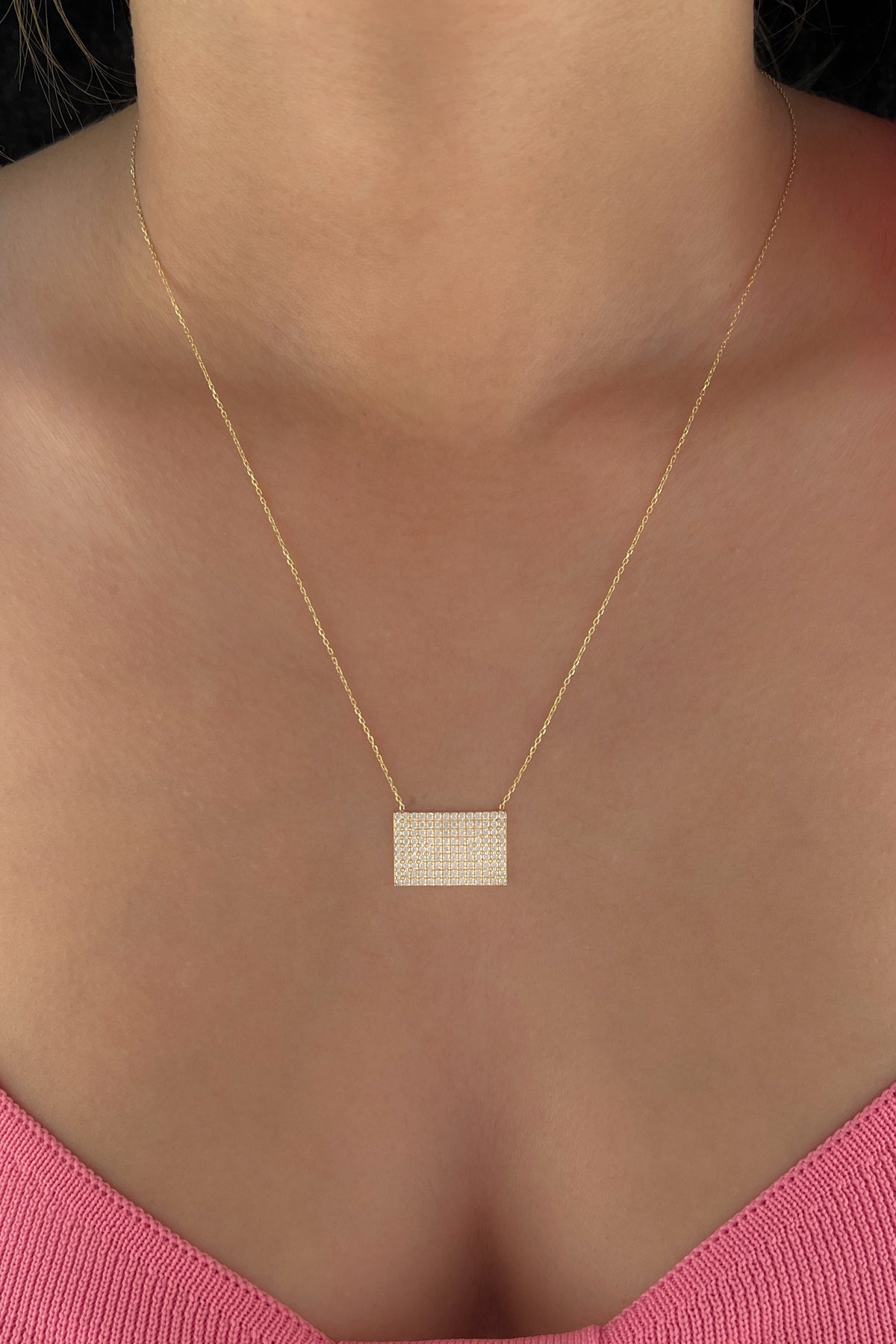 14ct Gold White Stones Designed Rectangle Necklace