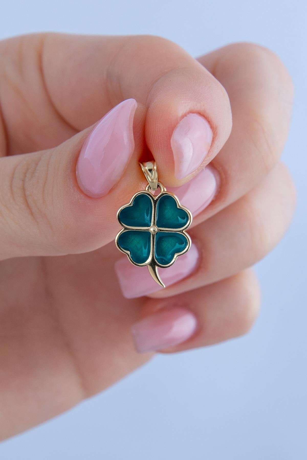 14K Gold Green Enamel Clover Charm